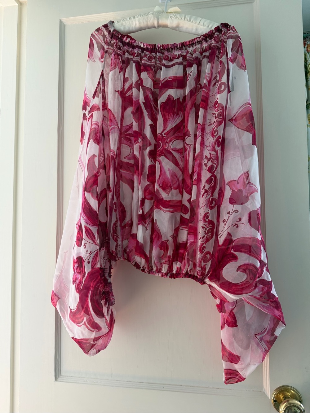 Dolce & Gabbana White and Fuchsia Floral Asymmetrical Silk Top